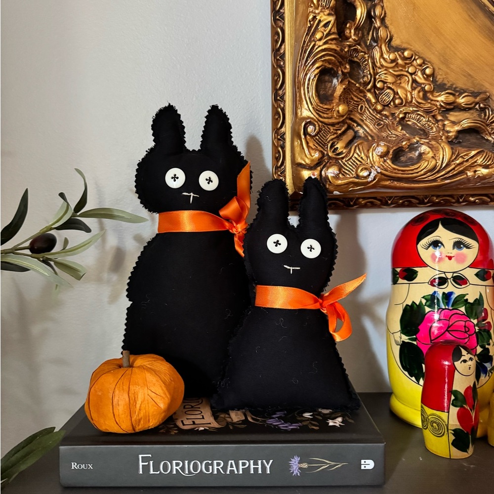 Black Halloween Cat Folk Art Plush Set with Orange Accents